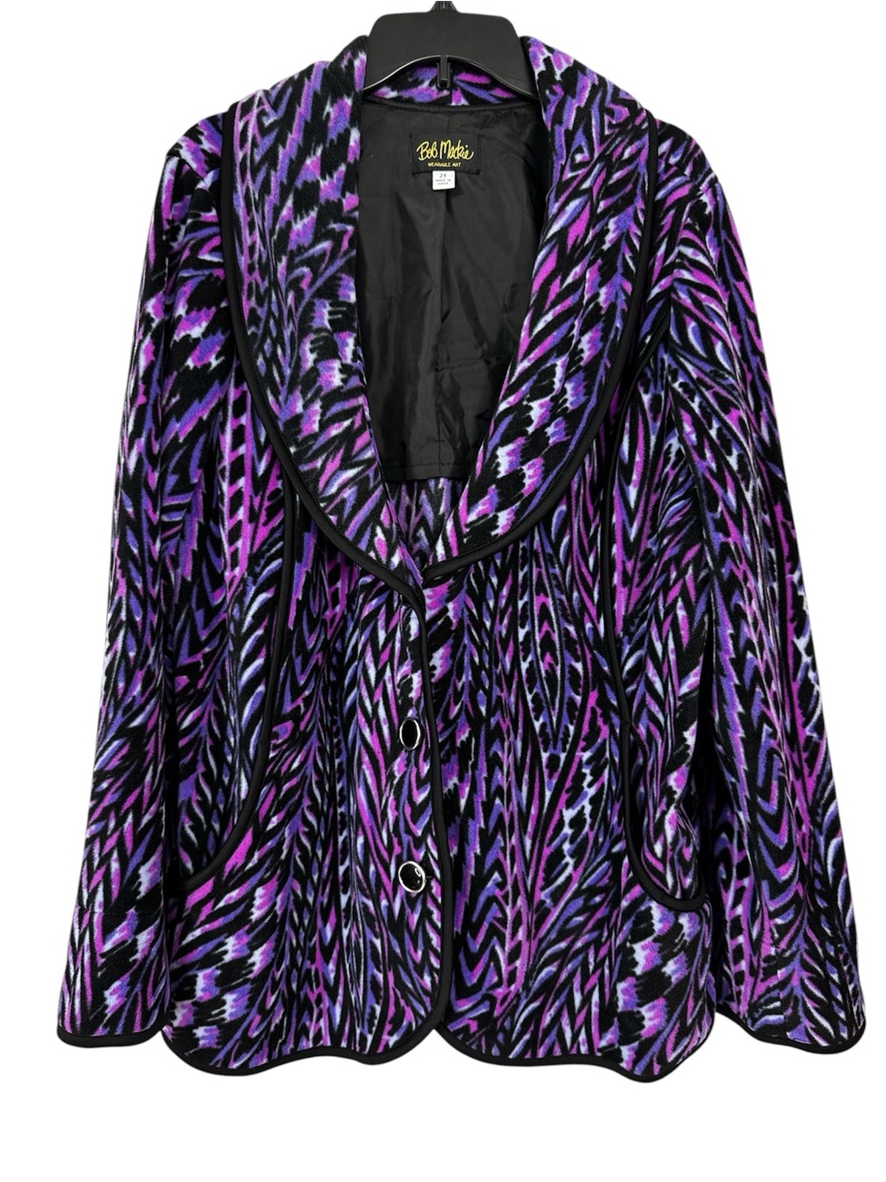 Bob Mackie Fleece Jacket Purple Black Print Button Front Women’s Size 2X